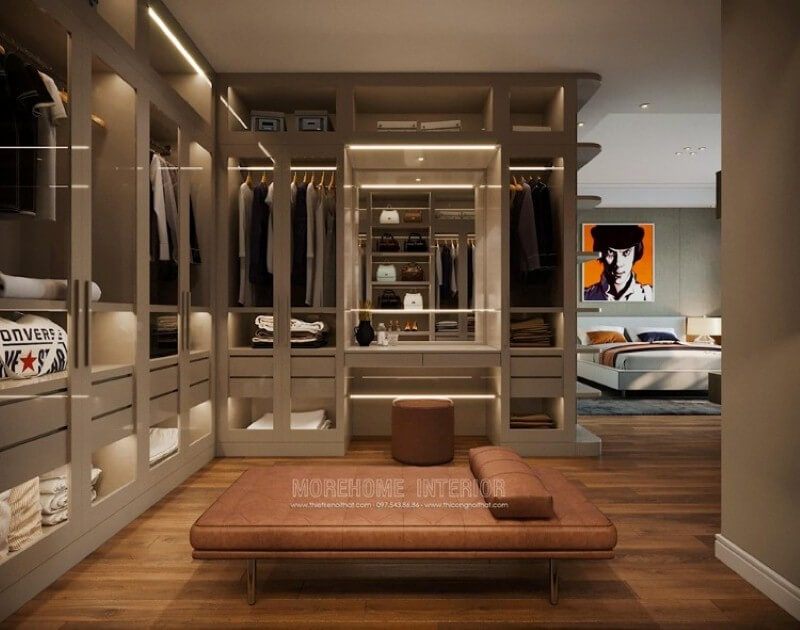 Thiết kế nội thất phòng ngủ master ấn tượng với tủ quần áo lớn nhiều hộc tủ.