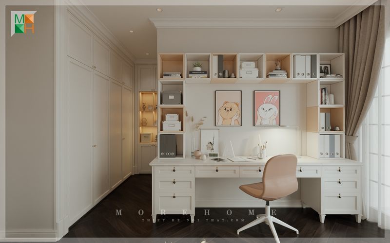 Bàn học tập có giá sách gỗ tự nhiên màu trắng hiện đại hỗ trợ tốt cho quá trình sử dụng tiện nghi và thẩm mỹ tốt cho không gian phòng.